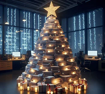 Albero di Natale creativo fatto di materiali comuni in ufficio come pile di documenti